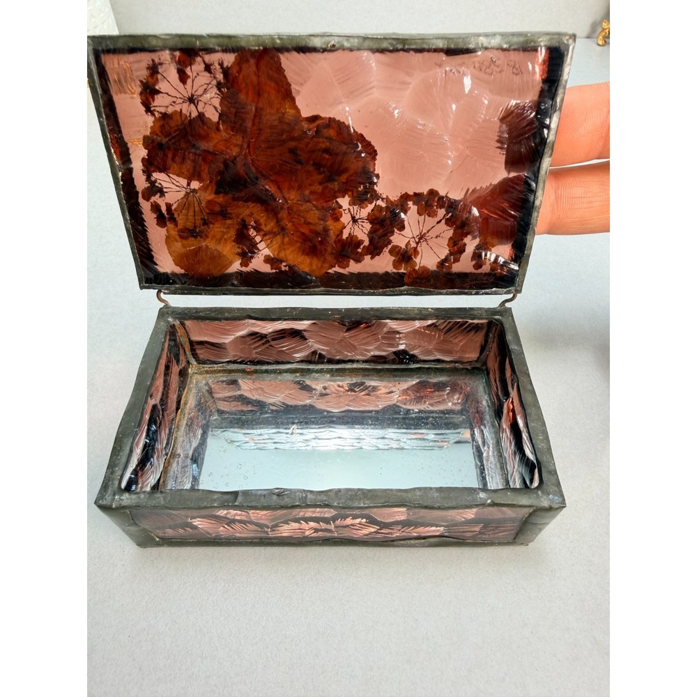 Vintage 1981 Handcrafted Stained Etched Glass Floral Trinket Jewelry Box Signed